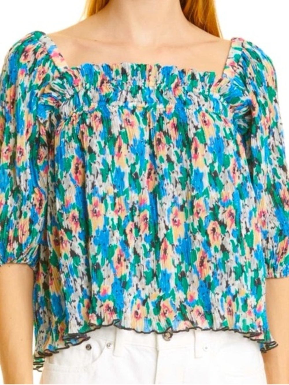 GANNI Floral Print Plissé Smocked Georgette Top Floral Watercolor Square Neck